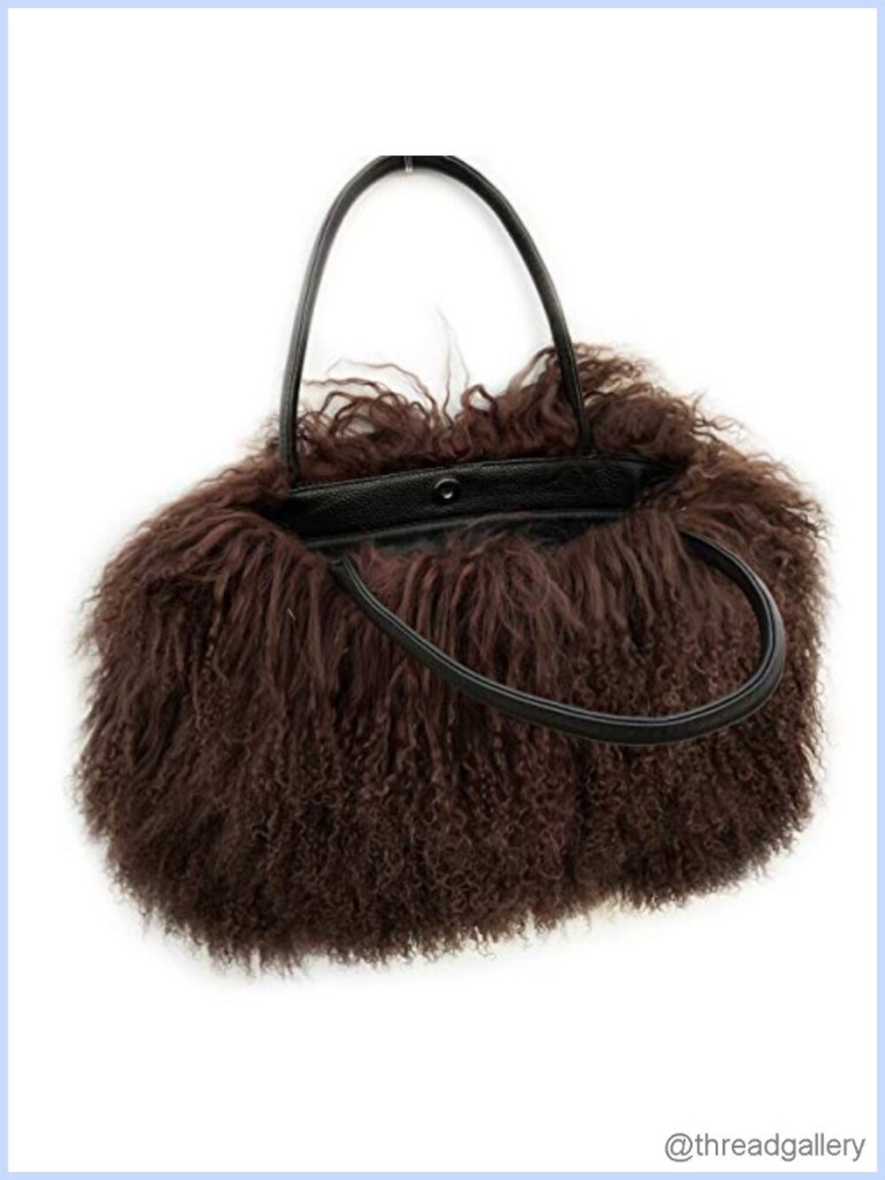 Real Mongolian Lamb Fur Purse with Genuine Leather Handle Button Close Tote